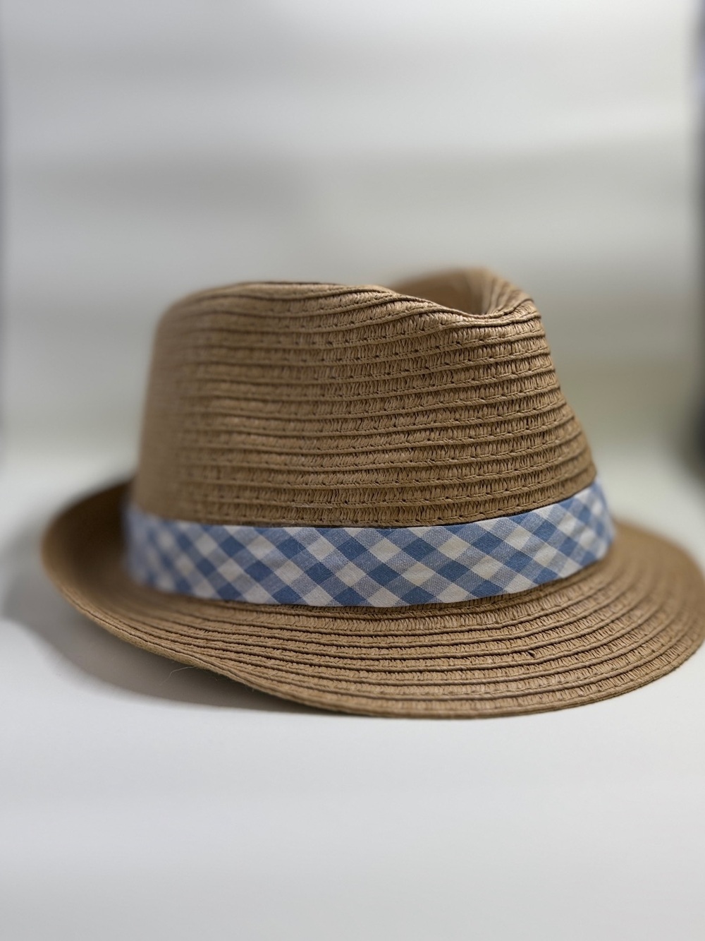 Kids Straw Fedora Hat with Blue Gingham Band